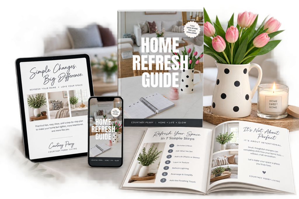 Home Refresh Guide displayed on a tablet, phone, and printed pages in a styled living room setting